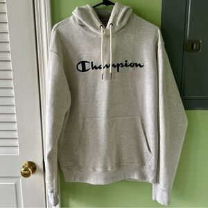 Men's Champion Pull Over Hooded Sweatshirt Cream Gray Color Size Medium